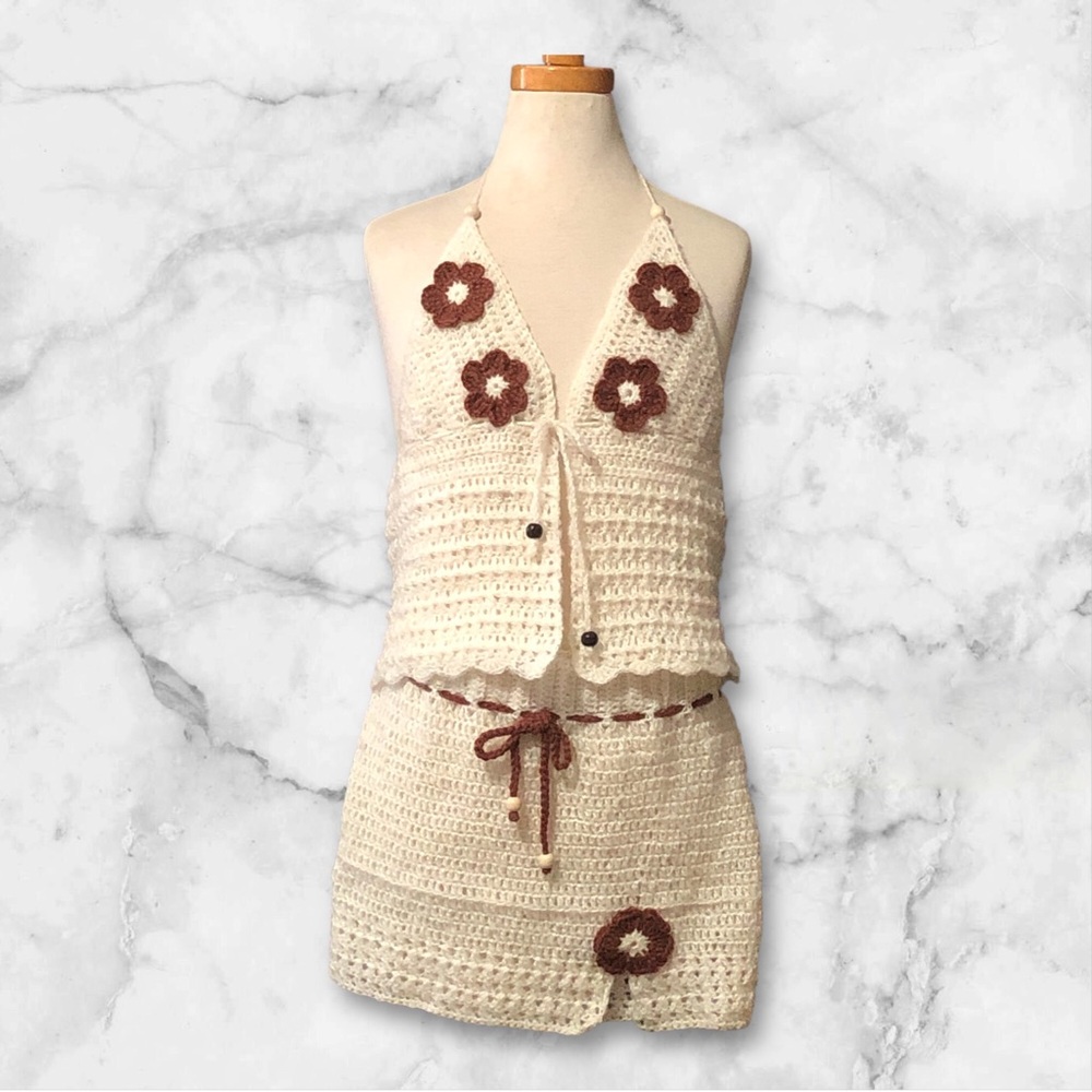 Handmade Crochet Halter Top and Skirt Set with Floral Accents